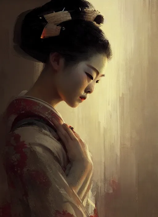 Image similar to female geisha girl, beautiful face, rule of thirds, intricate outfit, spotlight, by greg rutkowski, by jeremy mann, digital painting