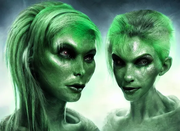 Image similar to beautiful aliens faces with green hair, 8 k, matte painting, in the style of artist, giger