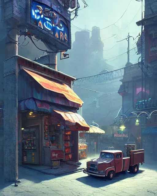 Image similar to talking truck buying cigarettes from a vending machine in a robust fantasy village, calming, uplifting mood, ultra realistic, factory, funny, small buildings, highly detailed, epic lighting, illuminated, cinematic, morning, art by eddie mendoza