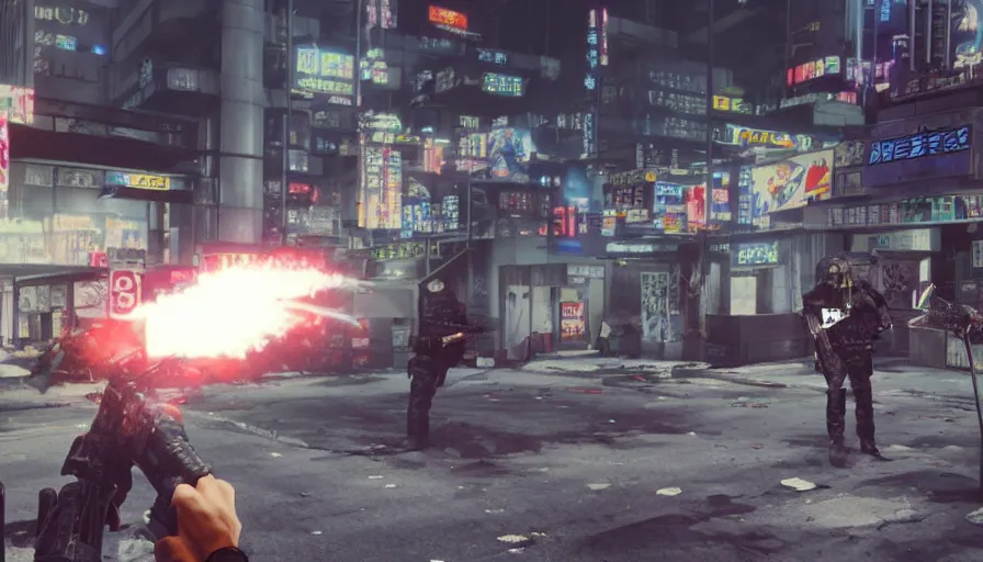 Prompt: 1988 Video Game Screenshot, Anime Neo-tokyo Cyborg bank robbers vs police, Set in Cyberpunk Bank Lobby, Multiplayer set-piece :9, Police officers under heavy fire, Police Calling for back up, Bullet Holes and Blood Splatter, :6 Smoke Grenades, Riot Shields, Large Caliber Sniper Fire, Chaos, Anime Cyberpunk, Anime Bullet VFX, Machine Gun Fire, Violent Gun Action, Shootout, Escape From Tarkov, Intruder, Payday 2, 8k :4 by Katsuhiro Otomo: 9