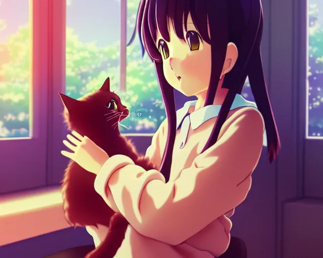 Image similar to anime fine details portrait of joyful girl hugging cat in school, bokeh. anime masterpiece by Studio Ghibli. 8k render, sharp high quality anime illustration in style of Ghibli, artstation