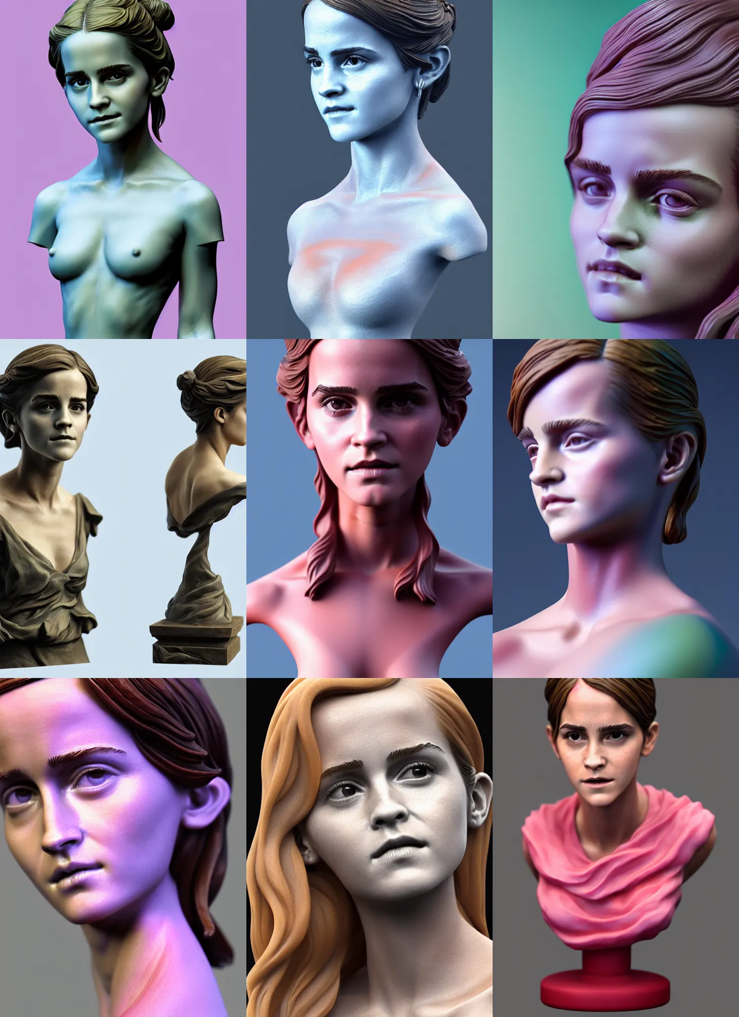 Prompt: 3D resin miniature sculpture of Emma Watson by Jean-Baptiste Carpeaux and Luo Li Rong, beautiful body and face, colorful, fresh colors, full length shot, elegant, academic art, realistic, 8K, Product Introduction Photo, Hyperrealism. Subsurface scattering, raytracing, Octane Render, Redshift, Zbrush, simple background