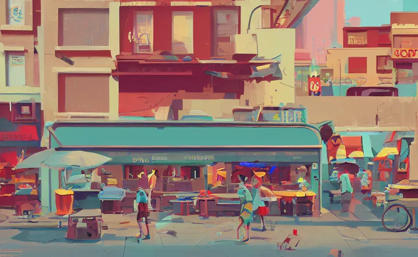 Prompt: soup shop in a busy market, aliens on the street, james gilleard, print, game art