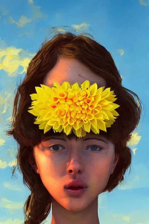 Image similar to closeup girl with huge yellow dahlia flower face, on beach, surreal photography, blue sky, sunrise, dramatic light, impressionist painting, digital painting, artstation, simon stalenhag