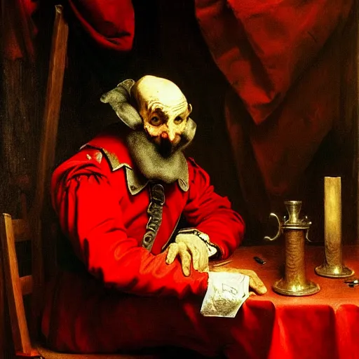 Image similar to a plotting man in a red jester suit sitting in a wooden chair near a table covered with cloth. the room is dimly lit. art style of Jan Matejko, ominous, realistic, highly detailed