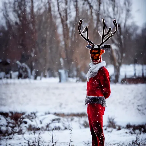 Image similar to reindeer human cosplay in snow 85mm photography