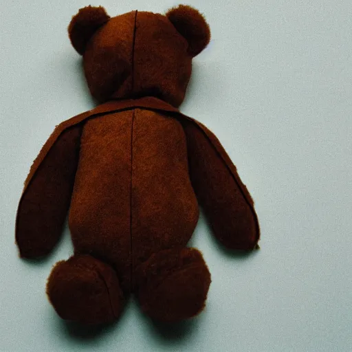 Prompt: product analog photography of a brown leather teddy bear
