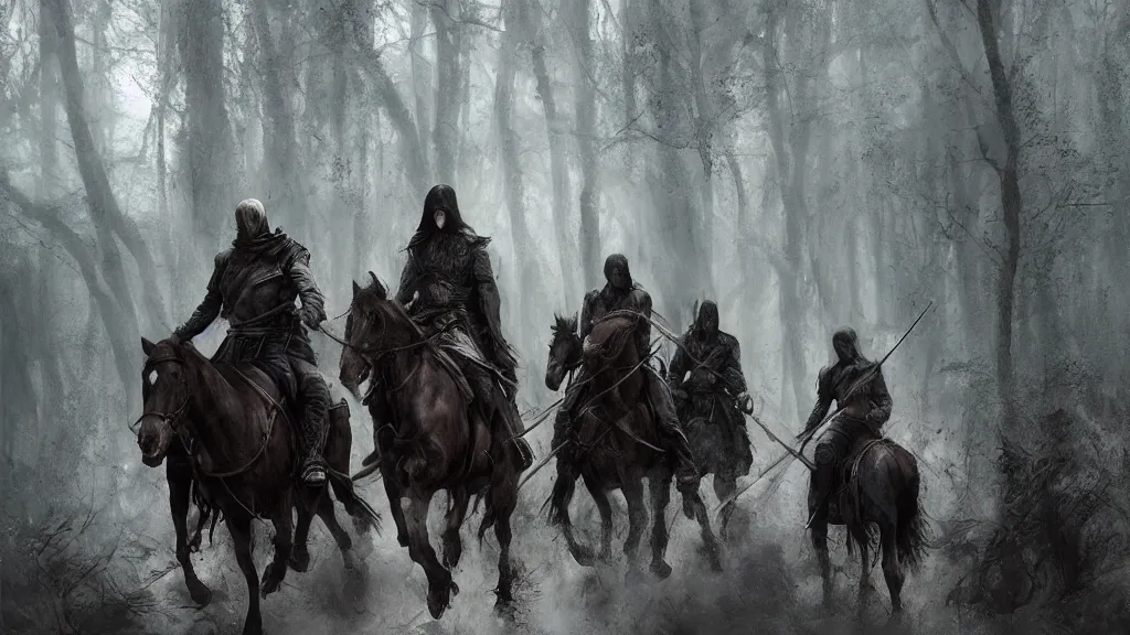 Image similar to dark riders on horse, forest, Nazgûl, lord of the rings digital art by Ruan Jia, Rudolf Béres, James Zapata, Jamey Jones