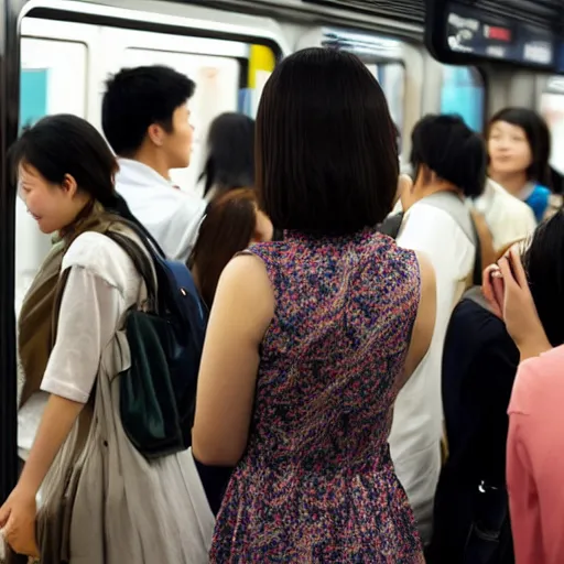 Prompt: a chinese girl with backless dress in the crowd subway train