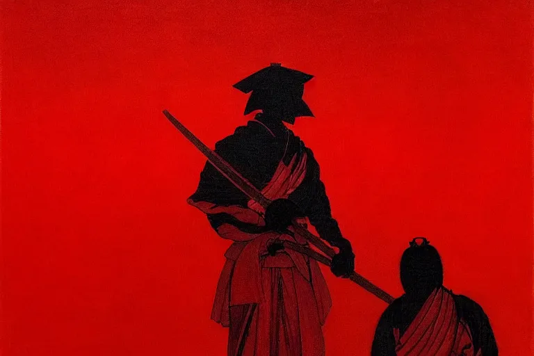 Image similar to only with red, a red samurai do seppuku, tokio, a lot of frogs watch, in the style of beksinski, parts by edward hopper, parts by rodcenko, parts by yue minjun, intricate and epic composition, red by caravaggio, insanely quality, highly detailed, masterpiece, red light, artstation, 4 k