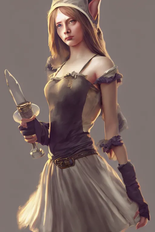 Image similar to photorealistic full body portrait of the cutest elven maid, dynamic lighting, ray tracing, cinematic, hyperrealism art, fantasy and concept art