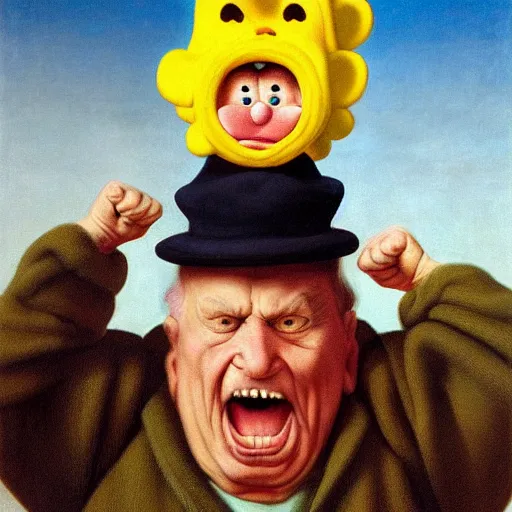 Image similar to a crazy-cooky-old-man yelling and screaming with his fist raised in the air, wearing a funny hat by Raphael, Hopper, and Rene Magritte. detailed, romantic, enchanting, trending on artstation.