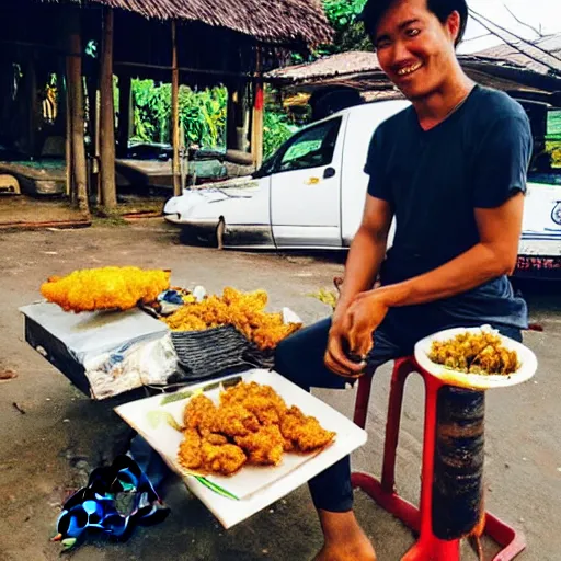 Image similar to “ selling fried chicken and sticky rice from a motorbike in thailand. ”