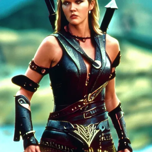 Image similar to tricia helfer as xena warrior princess, movie still, 4k