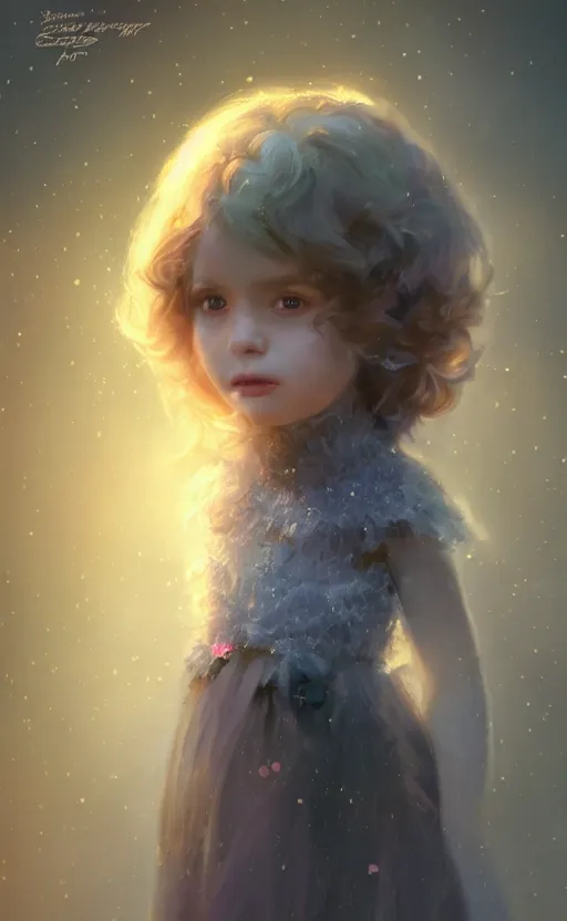 Prompt: soot covered little girl, sharp focus, intricate, elegant, digital painting, artstation, matte, highly detailed, concept art, illustration, volumetric lighting, gold and blue and pink color scheme, bokeh light, art by greg olsen and liz lemon swindle