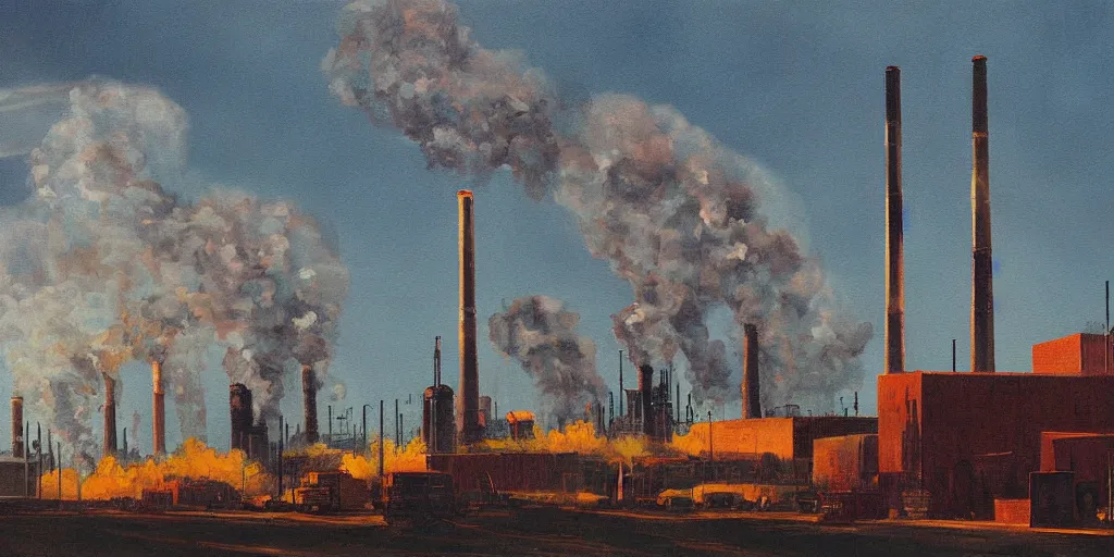 Image similar to a depressing and quite sad painting of a factory with smoke stacks billowing into a sky the color of a tv turned to a dead channel ; highly detailed