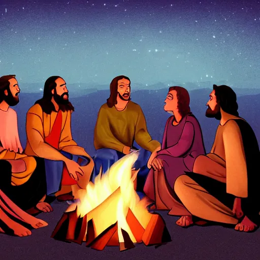 Prompt: jesus talking with 6 people around a campfire, realistic