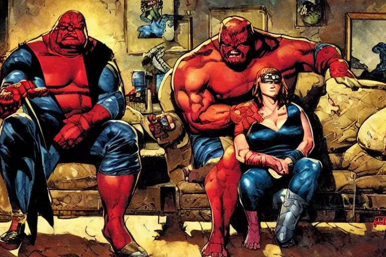 marvel supervillain juggernaut and his wife sit on a Stable Diffusion OpenArt