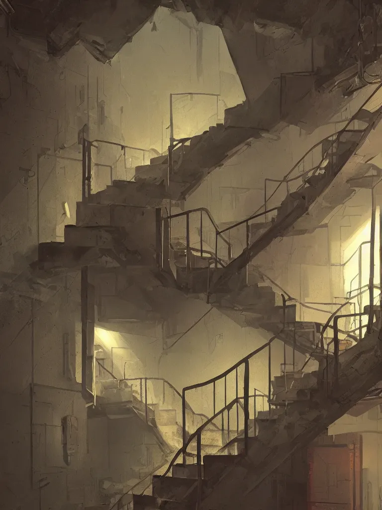 Image similar to down a basement staircase in a painting from stalenhag, 4 k, 8 k, hdr, artstation, concept art