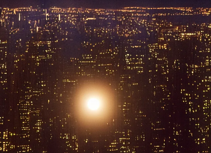 Image similar to film still of the moon shattering into pieces over manhatten in the new disaster movie, 8 k, night time