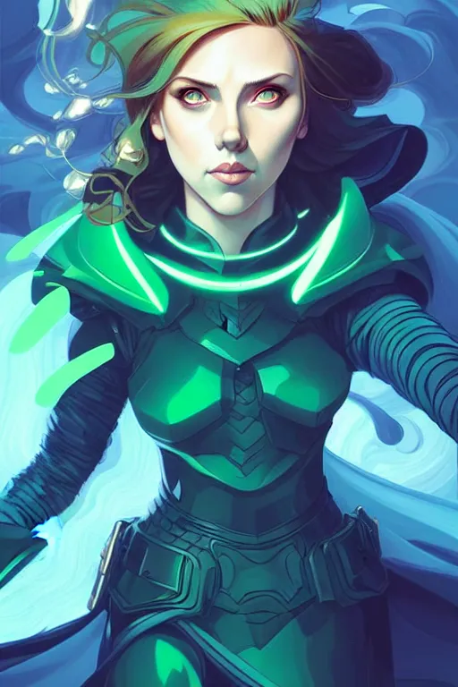 Prompt: style artgerm, joshua middleton, illustration, scarlett johansson as rune knight wearing green pelt light armor, anime eyes, blue hair, swirling water cosmos, fantasy, dnd, cinematic lighting