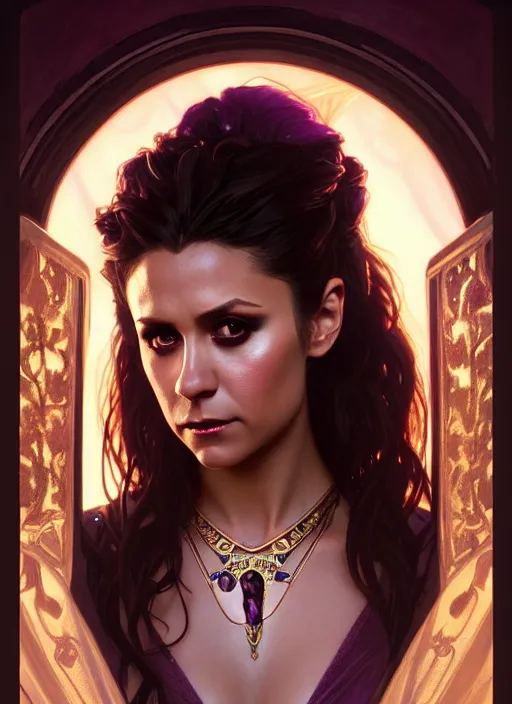 Image similar to portrait of nina dobrev as a vampire queen, jewelry, greek, amethyst, intricate, headshot, highly detailed, digital painting, artstation, concept art, sharp focus, cinematic lighting, illustration, art by artgerm and greg rutkowski, alphonse mucha, cgsociety