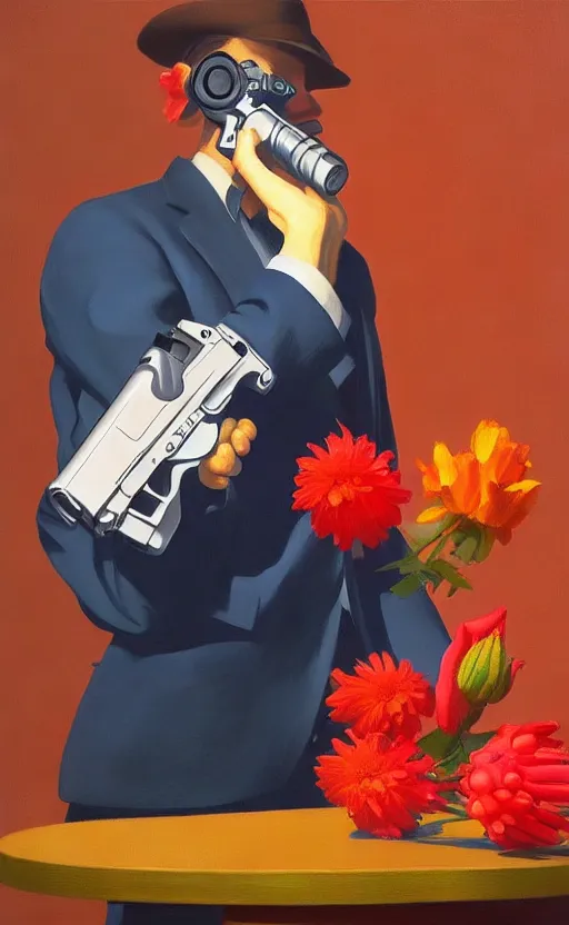 Image similar to beautiful still life featuring blooming flowers and a hand gun, very coherent, painted by Edward Hopper, painted by James Gilleard, airbrush, art by JamesJean