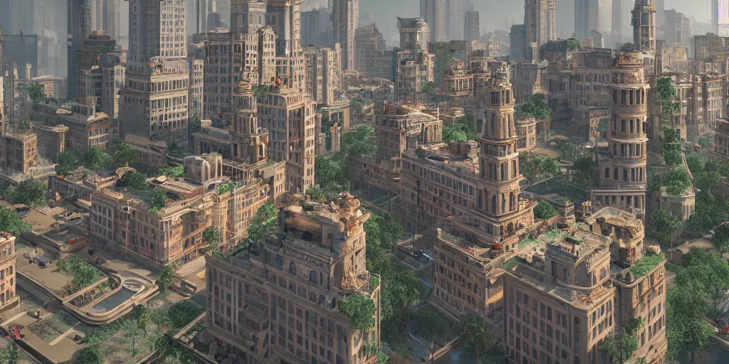 Image similar to 4K realistic rendering of A cityscape by Wes Anderson, unreal engine 5, vray, photo realistic, hyper detailed, intricate