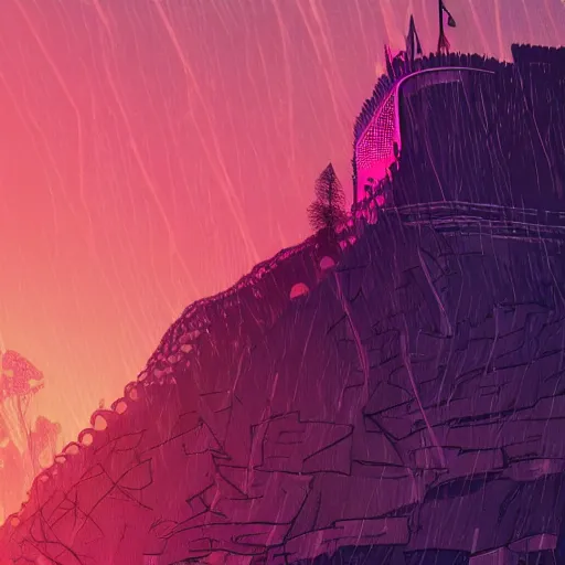 Prompt: detailed cyberpunk illustration of steep long zig - zag path to an evil sharp castle over a high dark blue hill, orange to pink gradient sky and thunderstorm background. forest underneath