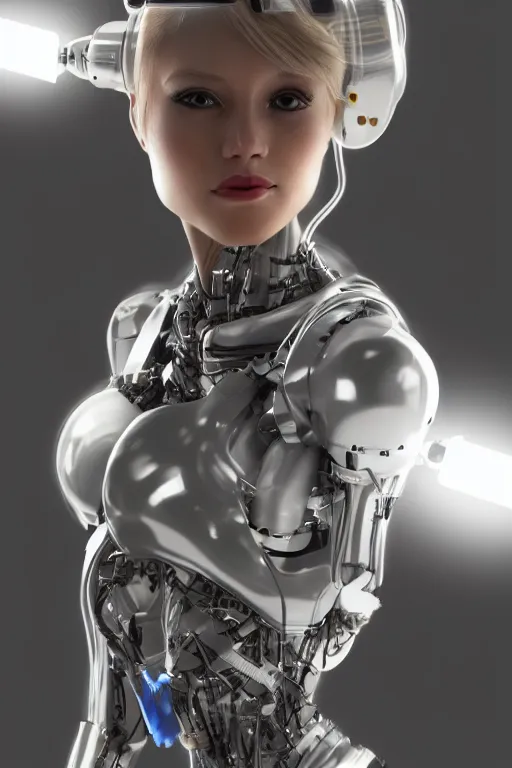 Image similar to a beautiful woman with blonde hair wearing robot suit with wires and light, highly detailed, photorealistic, artstation, smooth