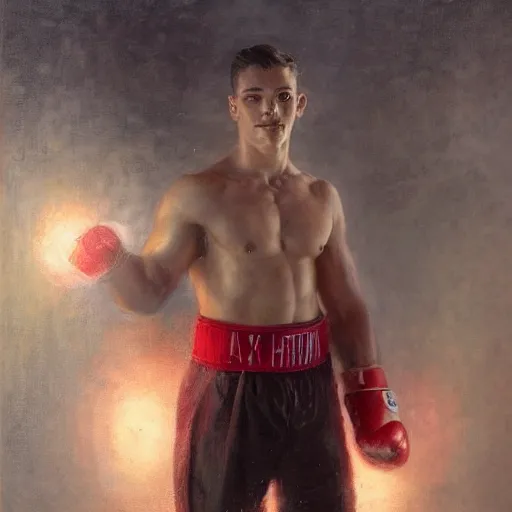 Prompt: handsome portrait of a young guy fitness posing, war hero, flexing, wearing red boxing gloves, hibiscus flower accent, radiant light, caustics, by gaston bussiere, bayard wu, greg rutkowski, giger, maxim verehin