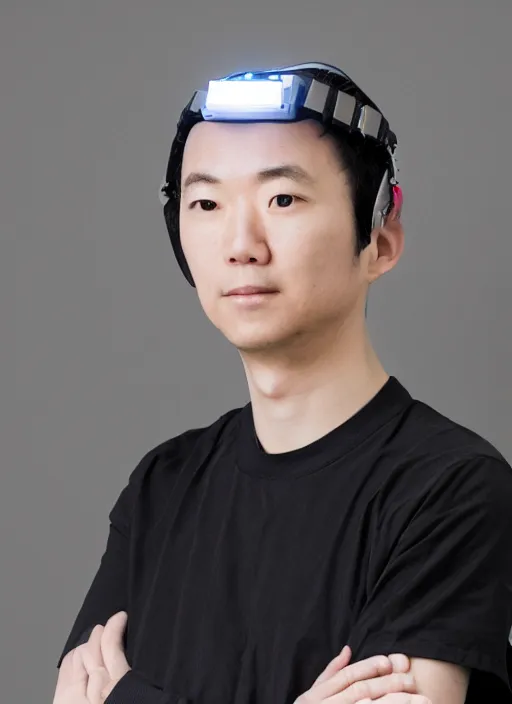 Image similar to Close upper body shot. Artistically angled subject. Professional studio portrait lighting. Wearing Technological DIY wearables designed by Ikeuchi Hiroto.