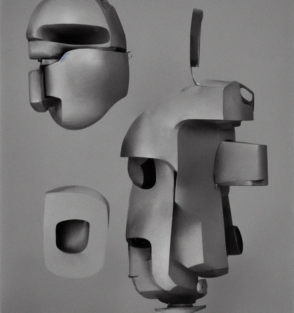 Prompt: an 80's studio portrait photo of a minimalist robot head designed by picasso, 50mm, pentax, film