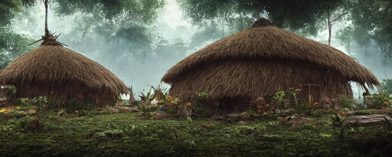 Image similar to an intricate concept art of a tribal hut in the middle of the amazon rainforest, artstation, sci - fi, hyper realistic, concept art, art by dylan cole, cinematic lighting, octane render