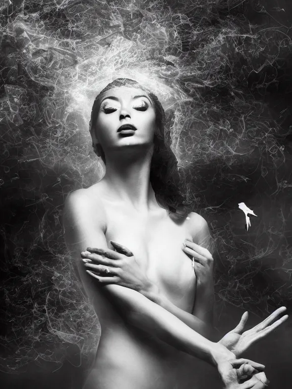 Image similar to portrait of iconic beautiful woman in sophisticated black dress keeping in hands white birds that flying apart turning to smoke and fire and dust. chaotic maximalistic surreal composition, 35mm double-exposure photo, thick fog, daylight, deep shadows, depth of field, cinematic lightning, wide angel, eerie atmosphere, motion blur, HD, smooth and very detailed quality, masterpiece, volumetric lightning, chromatic aberration, Richard Avedon, style of Ade Santora, Tatiana Gorilovsky, cinematic composition, occult, german expressionism, masterpiece, intricate detailed, deep rich palette, wide angel shot