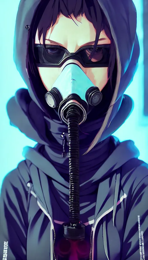 Image similar to cyberpunk anime girl in hoodie, cyberpunk gas mask, 3 / 4 shot, street night, grafity, beautiful face, grafity, arcane, action, tokyo street, detail, good face, pose model, concept art, in style of yoji shinkawa, pan ren wei, col price, atey ghailan, by greg rutkowski, aesthetic