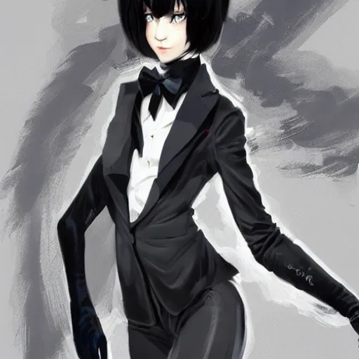 Image similar to slim girl in tuxedo with short black hair, elegant, 2d, ultra highly detailed, digital painting, smooth, sharp focus, artstation, art by Tsutomu Nihei