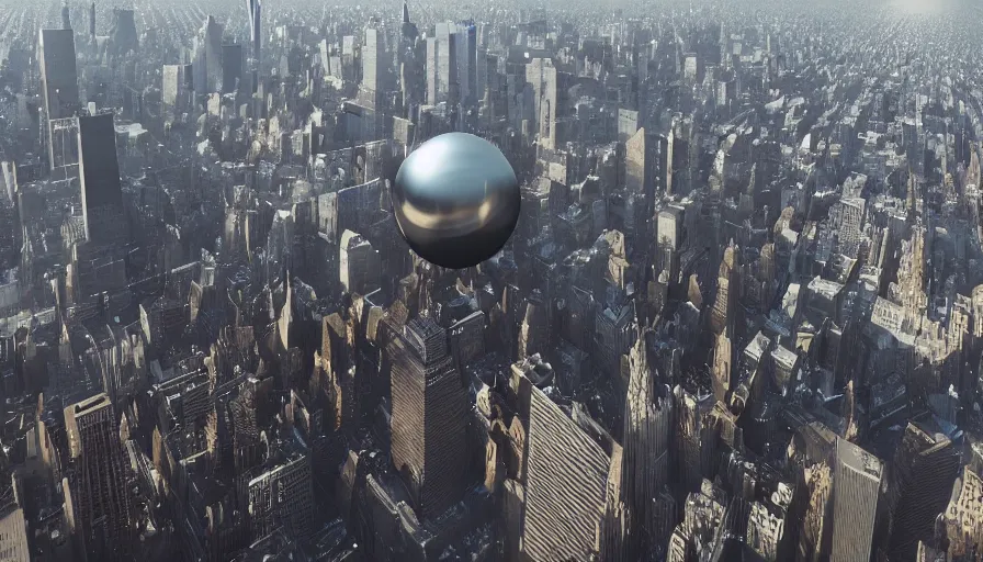 Prompt: giant metallic sphere smashing new york city, hyperdetailed, artstation, cgsociety, 8 k