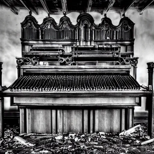 Image similar to black and white photo of a haunted pipe organ in an abandoned warehouse, dirty, hazy, depressing, haunted