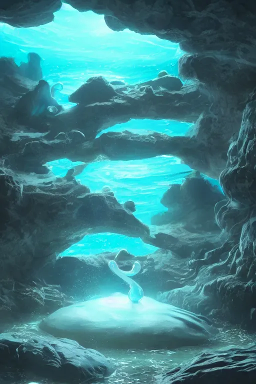 Image similar to bioluminescent etheral water elementals nesting in a rock pool, fairy stone cave, low angle, artstation, 8 k