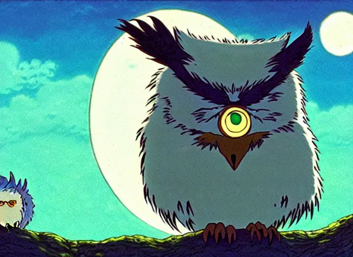 Image similar to a still from a studio ghibli movie of a cartoon owl from princess mononoke ( 1 9 9 7 ) firing laser beams from its eyes in front of a pale full moon, full body, wide shot, very dull muted colors, studio ghibli, highly detailed, deviantart, art by artgem