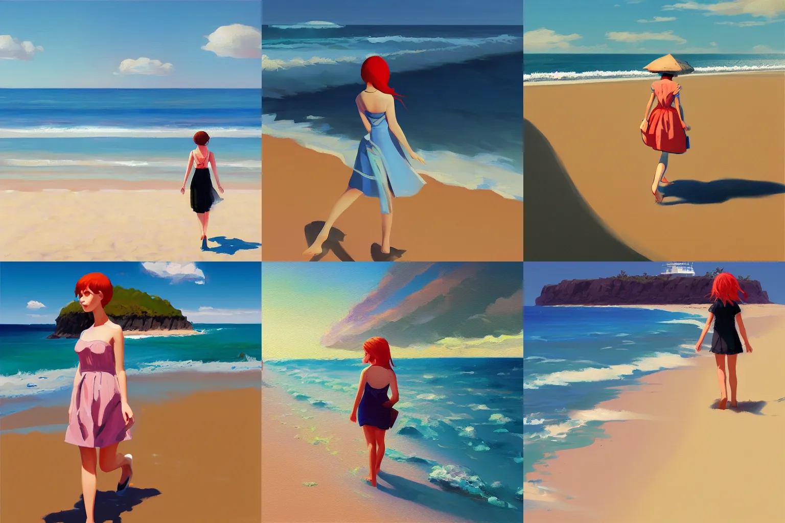 Prompt: a painting of a girl walking on a beach, a digital painting by ilya kuvshinov, pixiv contest winner, plein air, speedpainting, storybook illustration, # screenshotsaturday