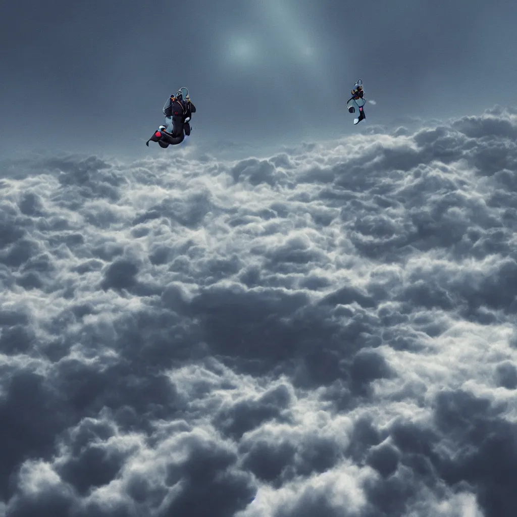 Image similar to a scubadiver floating above the clouds, digital illustration