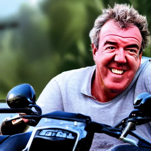 Prompt: jeremy clarkson riding a motorcycle smiling, hyper realistic, photorealistic