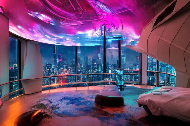 Image similar to a futuristic bedroom with large curved ceiling high windows looking out to a far future cyberpunk cityscape, cyberpunk neon lights, raining, scifi