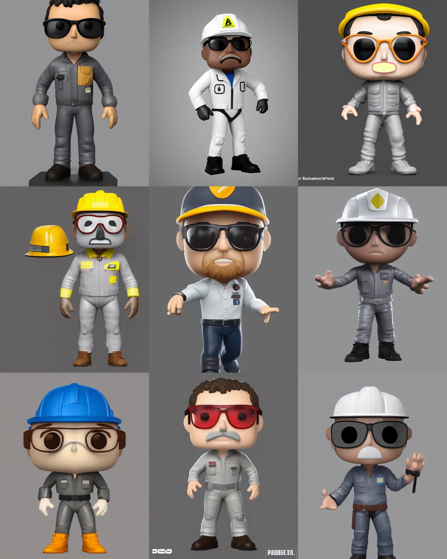 Prompt: full body 3 d render of petroleum engineer as a funko pop!, studio lighting, grey background, single body, no shadow, blender, trending on artstation, 8 k, highly detailed