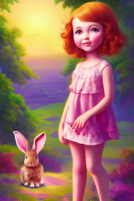 Prompt: matte sharp painting cute little girl and rabbit landscape painted by mark rydel artstation behance storybook lisa frank