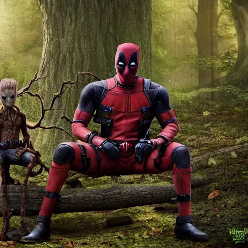 Image similar to deadpool and groot in the woods playing digital art 4 k detailed