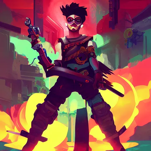 Image similar to a stylized portrait of a young boy as a warrior with a sword and revolver, overwatch style, stylized, arcane magic, orange and green power, vaporwave, volumetric light from above, background by liam wong, art by raymond swanland + marc simonetti + greg rutkowski + harumi hironaka