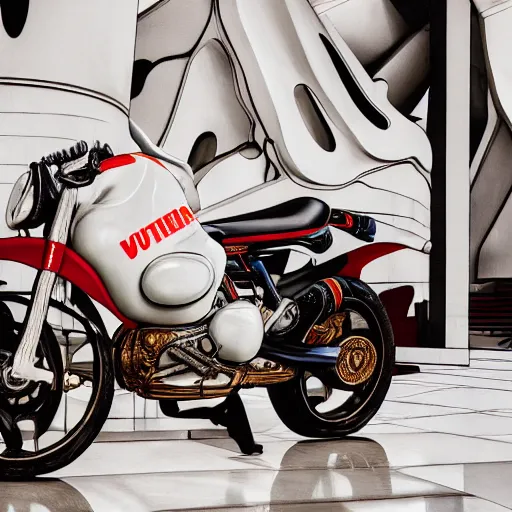 Image similar to a hyper detailed realistic cinematic lit scene in the guggenheim museum of a white armless marble statue of a woman, with a motorcycle in background with motocross colors and corporate logos in the style of virgil abloh, offwhite, louis vuitton, denoise, vogue, brooklyn museum, catalog